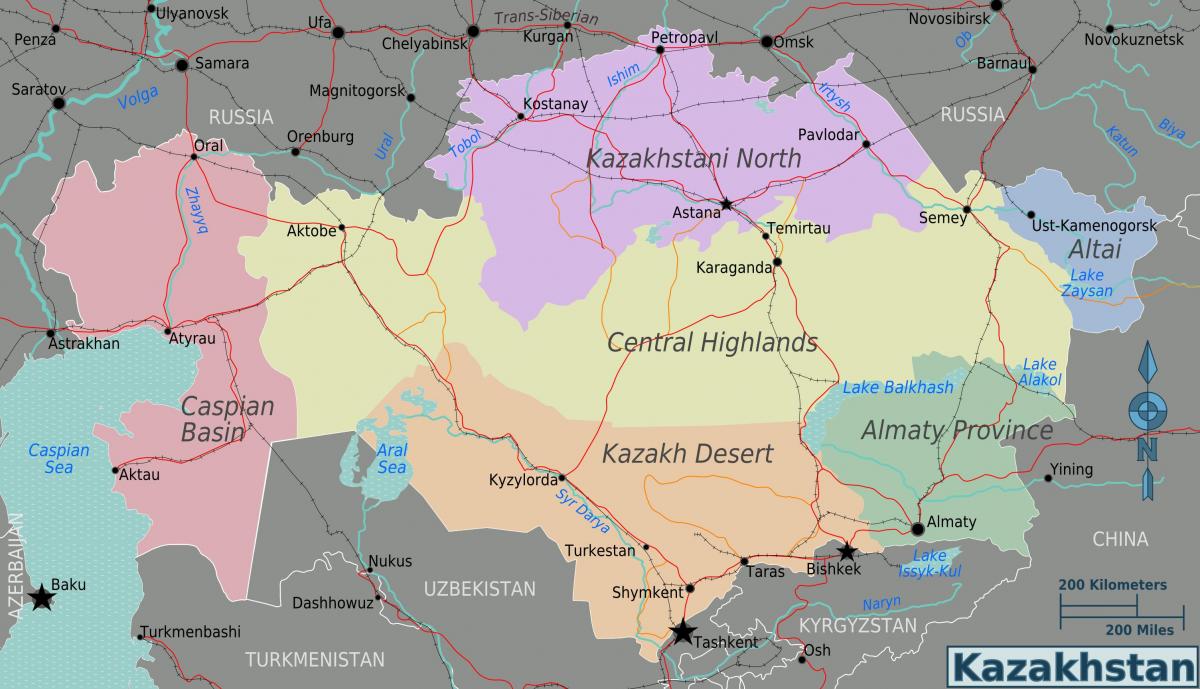 мапа на Казахстан региони